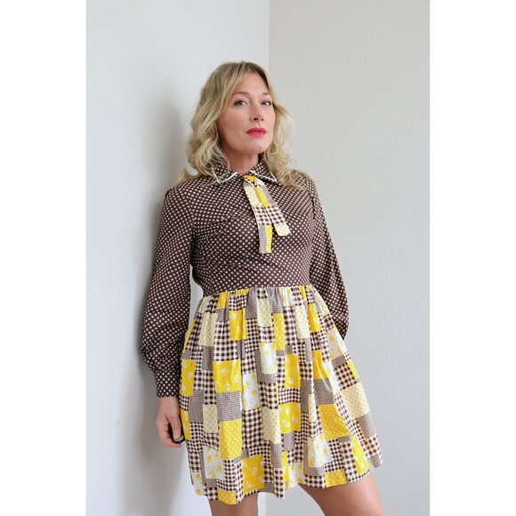 1970's Vintage Cocoa & Plaid Mini Dress Women's Double Extra Small XXS to XS 0 2 - Picture 3 of 10